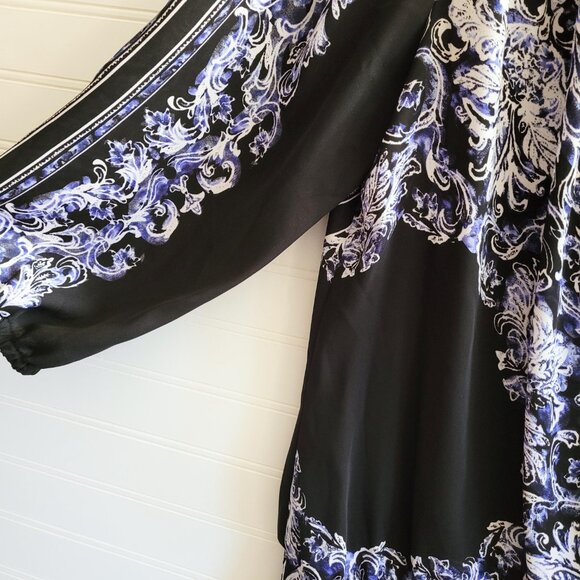 White House Black Market Top Womens 14 Black Blue Print Crossover Faux Wrap - Picture 2 of 9